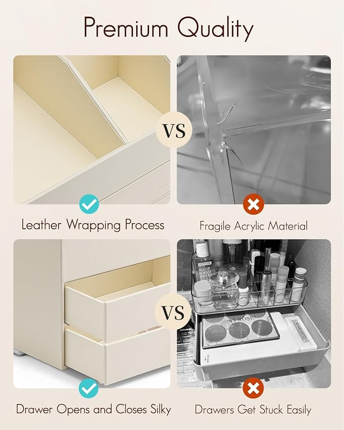 Vlando Makeup Organizer for Vanity,Large Capacity Countertop Organizer with Drawers, PU Leather Cosmetic Display Case for Lipstick,Brushes,Skincare,Bedroom Storage (Beige)
