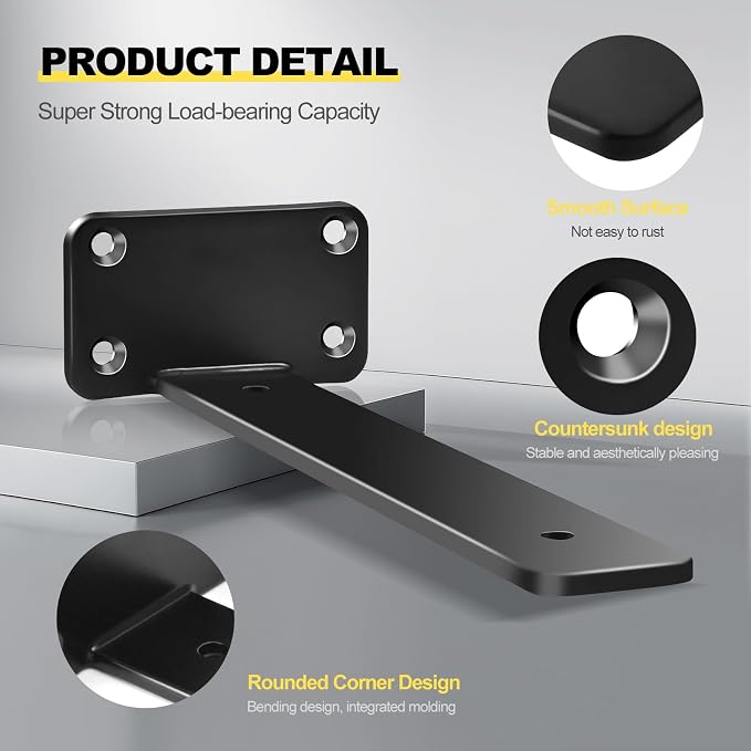 2 Pack - 5 inch Black Hidden L Shelf Bracket Iron Floating Shelf Brackets