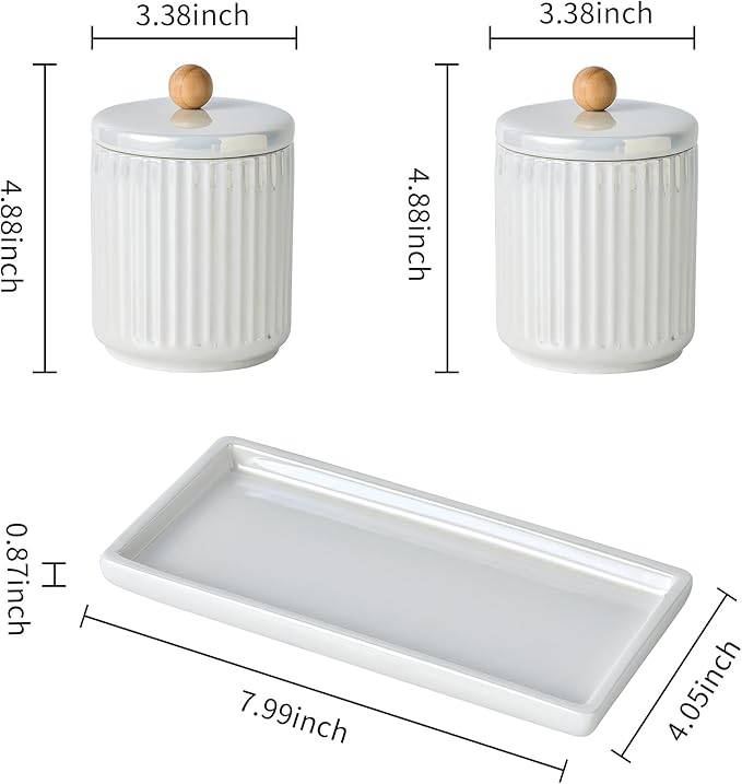 Ceramic Bathroom Canister Set with Coordinating Small Vanity Tray Qtip Holder Dispenser for Cotton Ball,Swab,Pads, Floss, Bathroom Storage Jars with Lids Pearl White
