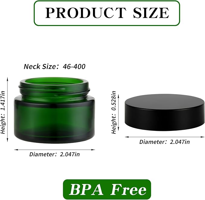 1 oz Reusable Green Glass Container Jars 24 Pack with Wide-mouth Leak Proof Cap and Inner Pull-On Lid for Travel Storage Makeup, Face Creams, Body Lotions, DIY Crafts or Others