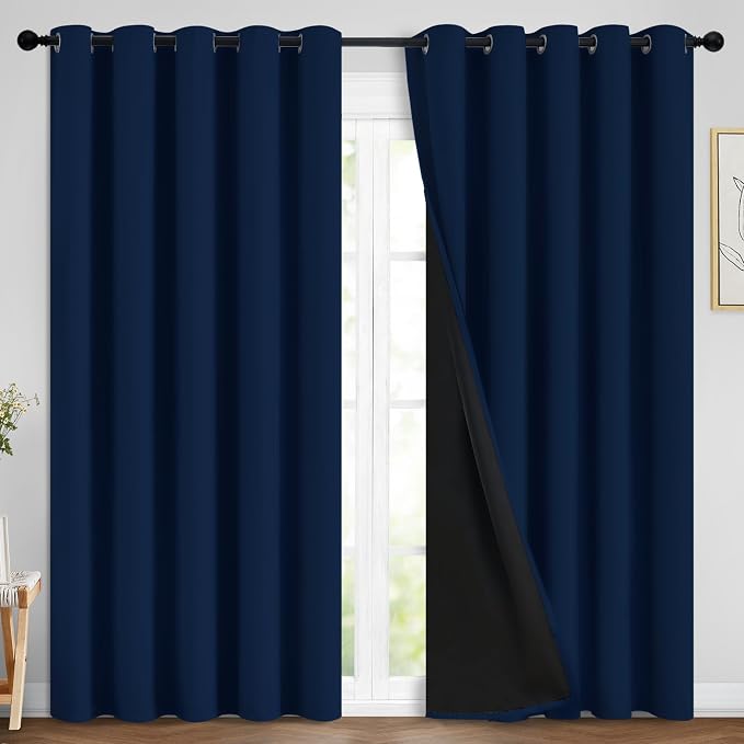 Yakamok Navy Blue 100% Blackout Curtains Energy Saving Thermal Insulated 2