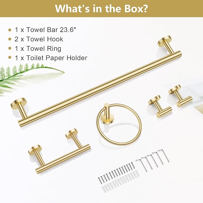 TQKAG Brushed Gold 5 Piece Bathroom Hardware Accessories Set 23.6" SUS304 Stainless Steel Bathroom Towel Bar Holder Sets Double Post Pivoting Toilet Paper Holder Set Wall Mounted