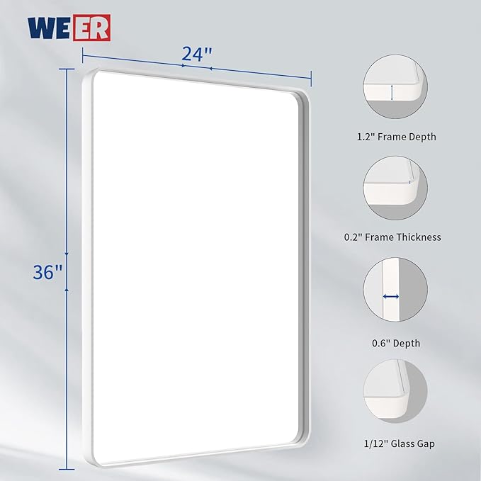 WEER White Bathroom Mirror 24X36 Inch, Rounded Rectangle White Metal Frame Mirror, Matte White Bathroom Vanity Mirror with Tempered Glass, Anti-Rust, Hangs Horizontally or Vertically