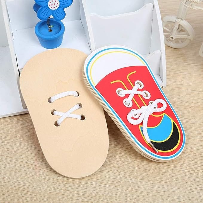 Calsgkspray 2Pcs Red Shoes Learning Toy Kits,Learn to Tie Your Own for Kids Practical Learning Toys for Young Children Training Board Kids Toddler Early Wooden Threading Lacing Shoes Craft Kits