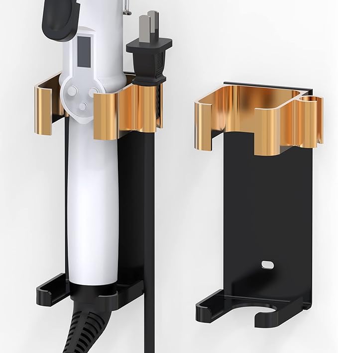 2 Pack Wall Mount Curling Iron Holder, Hair Curler Storage Organizer Stand, Hairdressing Hanging Rack for Flat Irons, Curling Wands, Hair Straighteners, Combs (Black Gold)