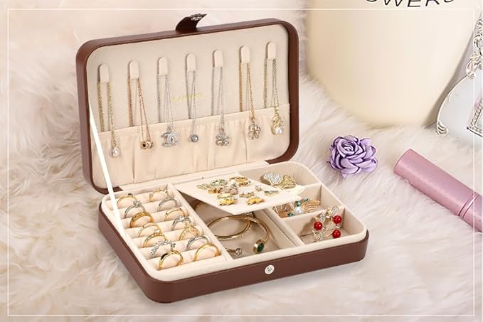LANDICI Small Jewelry Box for Women Girls, PU Leather Travel Jewelry Case, Portable Jewelry Organizer Storage Holder Display for Ring Earrings Necklace Bracelet Bangle Men Kids Gift, Coffee