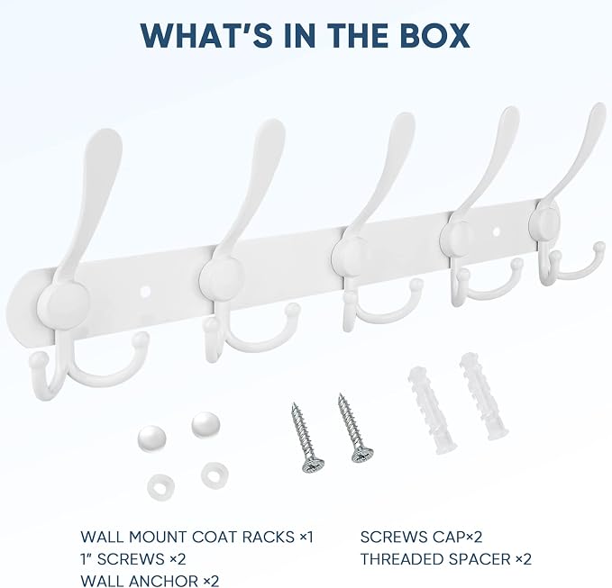 TICONN Wall Mounted Coat Rack, Five Heavy Duty Tri Hooks All Metal Construction