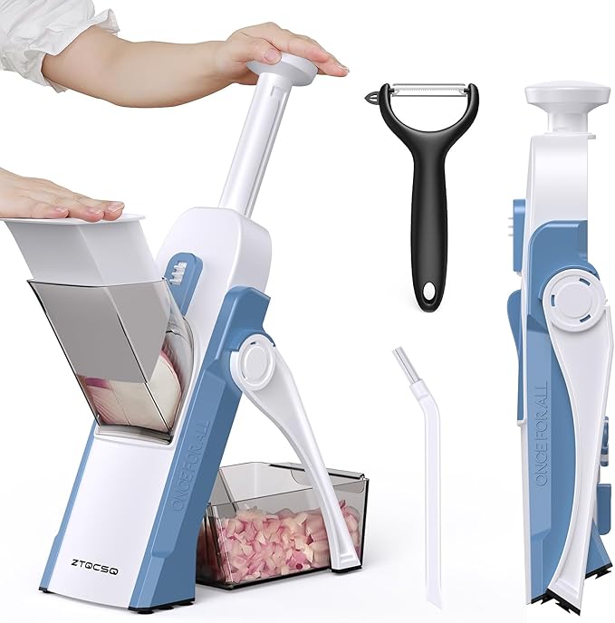 5 in 1 Safe Mandoline Slicer for Kitchen, Safe Vegetable Chopper with Paring Knife, Adjustable Thickness, Easy to Clean, Vegetable Slicer, Slicing, Strips, Shredding, Dicing, Chop (Haze Bluen)