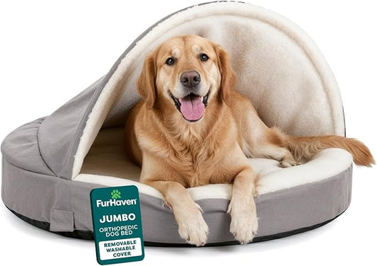 Furhaven 44" Round Orthopedic Dog Bed for Large Dogs w/ Removable Washable Cover, For Dogs Up to 80 lbs - Sherpa & Suede Snuggery - Gray, 44-inch