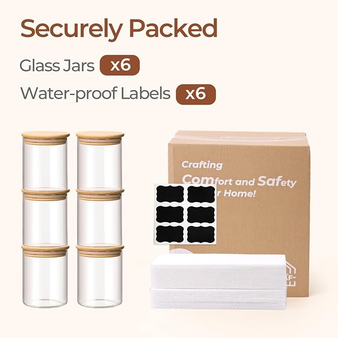 ComSaf 0.8 Qt Glass Food Storage Jars Set of 6, Clear Glass Storage Containers with Lids, Pantry Organization Jar, Spice Jar, Blooming Tea, Coffee and Sugar Container, Small Canister Set for Kitchen