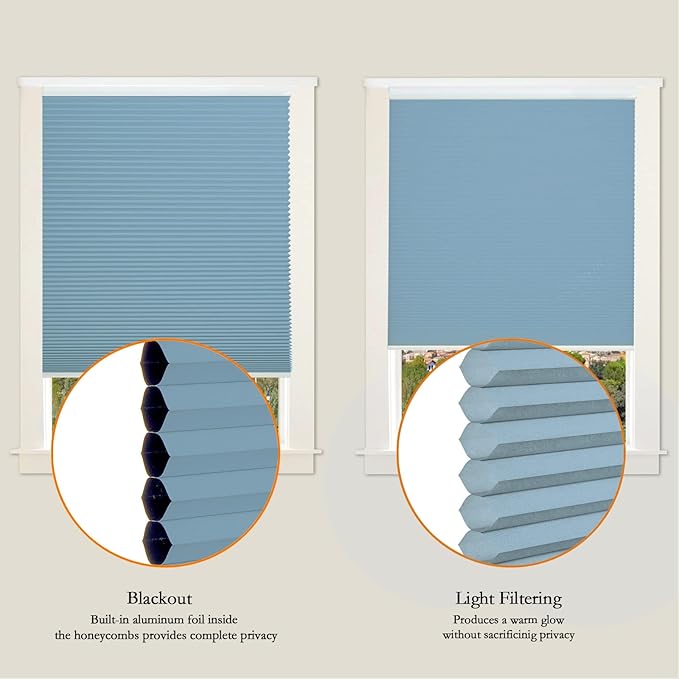 Persilux Light Filtering Cellular Window Shades Cordless Shades Bottom up UV Protection Room Darkening Honeycomb Blinds for Windows, Home and French Doors, Blue, 88" W x 48" H