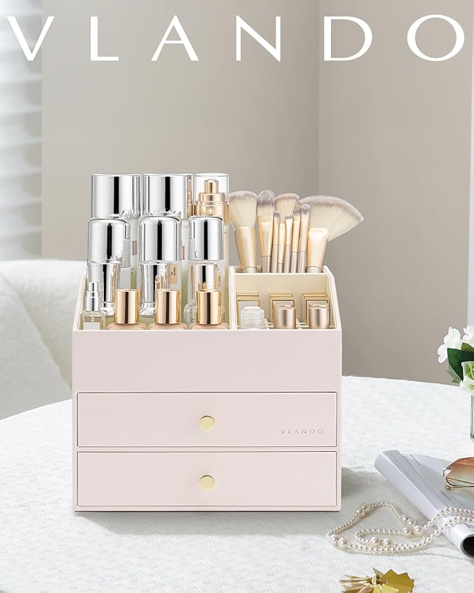 Vlando Makeup Organizer,Skincare Organizer for Vanity，PU Leather Make up Organizer with Drawers Cosmetic Display Case for Countertop,Perfume,Gifts Ideas for Women (Apricot White)