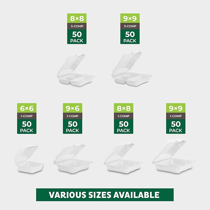 Freshware Clamshell Food Containers with Lids [6x6 50-Pack] Disposable To Go Containers, Biodegradable Sugarcane To Go Boxes - Paper Container - Microwave & Freezer Safe, Stackable