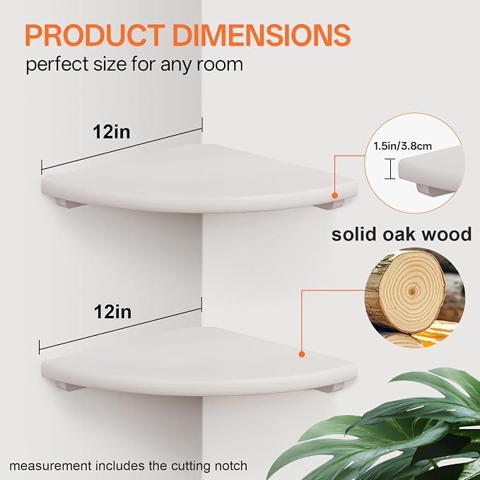 Gieanoo Floating Corner Shelves Set 2 16inch White Solid Oak Rounded Corner