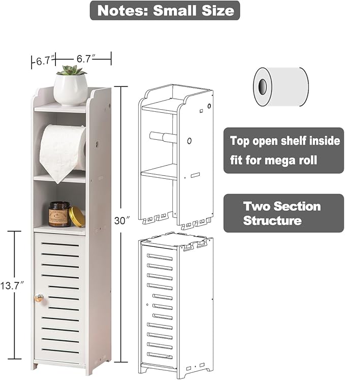 AOJEZOR Toilet Paper Holder Stand: No Drill PVC Small Bathroom Cabinet for Apartment Dwellers - Rental Deposit Protection - Small Space Storage Saving