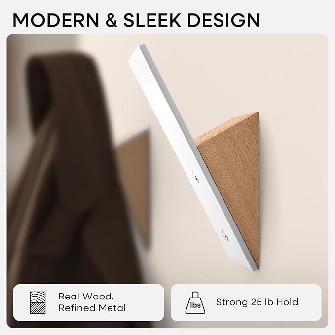 Homeforia Beech Wood Coat Hooks, High End Beech Wood & White Metal Wall Mounted