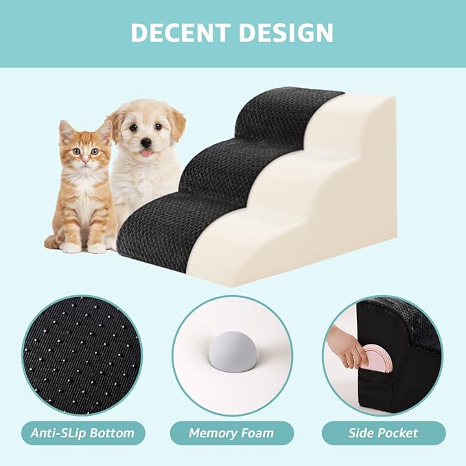 Dog Stairs for Small Dogs 19" H, 4-Step Dog Steps Ramp for High Beds and Couch with Anti-Slip Washable Cover and Durable High Density Foam, Pet Stairs for Cats, Black