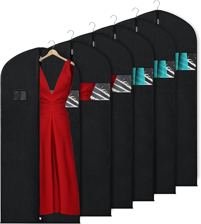 KEEGH Garment Bags for Hanging Clothes 60" (Set of 6) Dress Bags for Gowns Long Dress Bags for Closet Storage with Zipper and Eye-Hole for Folding for Suit Coats Dresses, Black