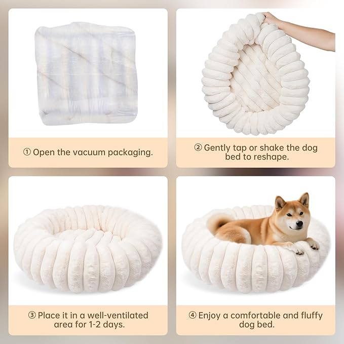 Donut Dog and Cat Bed, Luxurious Comfortable Faux Rabbit Fur Pet Beds, Soft Anti-Anxiety Calming Puppy Kitten Bed with Anti-Slip Bottom for Small Medium Dogs & Cats(23", White)