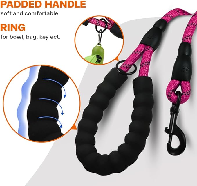 Taglory Rope Dog Leash 6 FT with Comfortable Padded Handle, Highly Reflective Threads Leash and Anti-Tangle Clip for Walking Medium Large Dogs, 1/2 inch, Hotpink