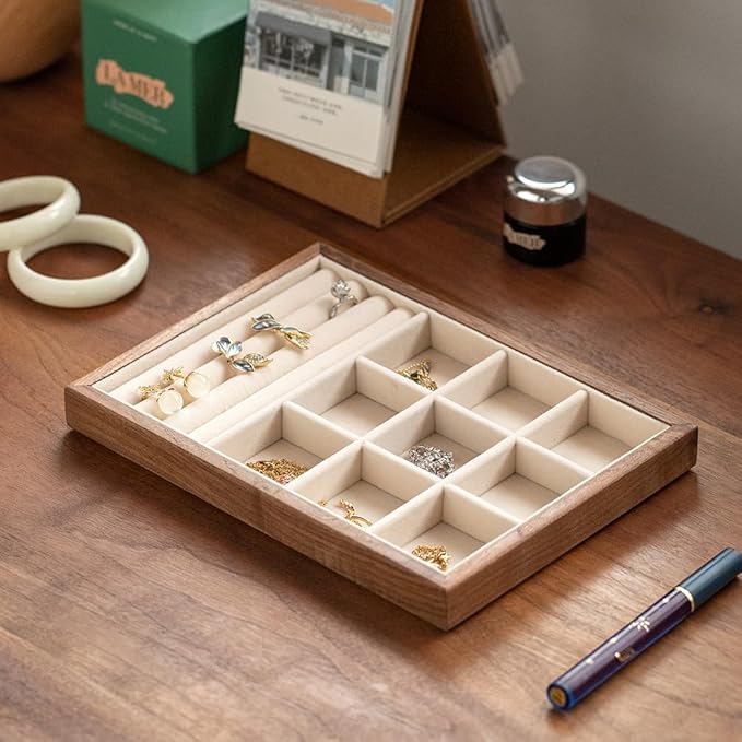 9 Grid +3 Line Black Walnut Wooden Jewelry Tray Organizer with Velvet Lining - Premium Jewelry Storage for Rings, Earrings, Brooches, LuxuryJewelry Drawer Organizer & Display Tray