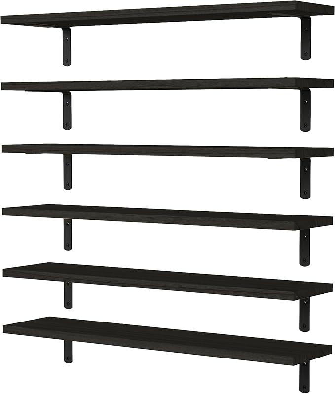 WOPITUES Wood Floating Shelves Set of 6, 24 inch Long Floating Shelves for Wall Decor, Farmhouse Shelf for Bedroom, Bathroom Storage Shelves, Book Shelves for Living Room - Black
