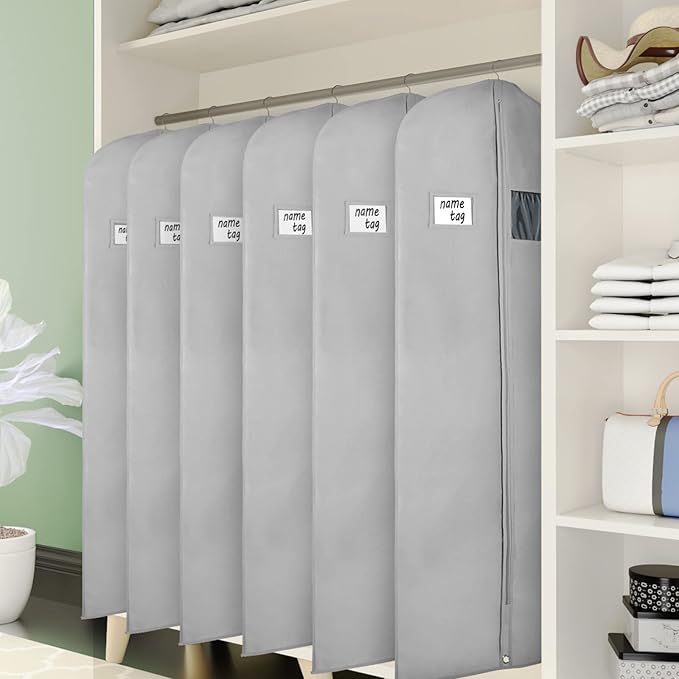 KEEGH Garment Bags for Hanging Clothes 60" (Set of 6) Dress Bags for Gowns Long Dress Bags for Closet Storage with Zipper and Eye-Hole for Folding for Suit Coats Dresses, Grey