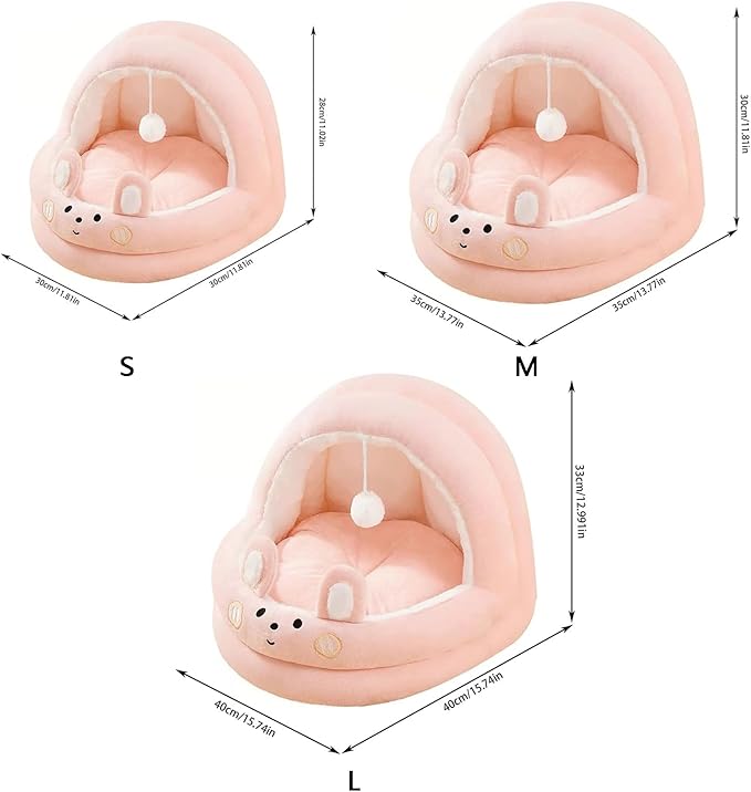 Cat Bed for Indoor Cats, Dog Bed with Anti-Slip Bottom, Rabbit-Shaped Cat/Small Dog Cave with Hanging Toy, Puppy Beds with Removable Cotton Pad, Super Soft Calming Pet Sofa Bed (Pink, Small)