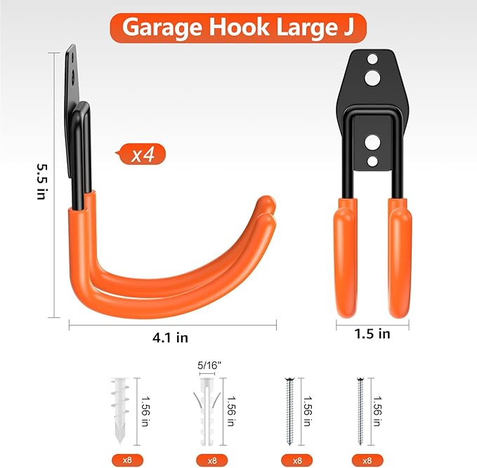 Garage Hooks with Anti-Slip Coating,Heavy Duty Wall Mount Storage Hooks for Hanging Bike,Hose,Ladder,Yard,Garden Tools (4 Pack Orange 5.5x4.1 Inch)