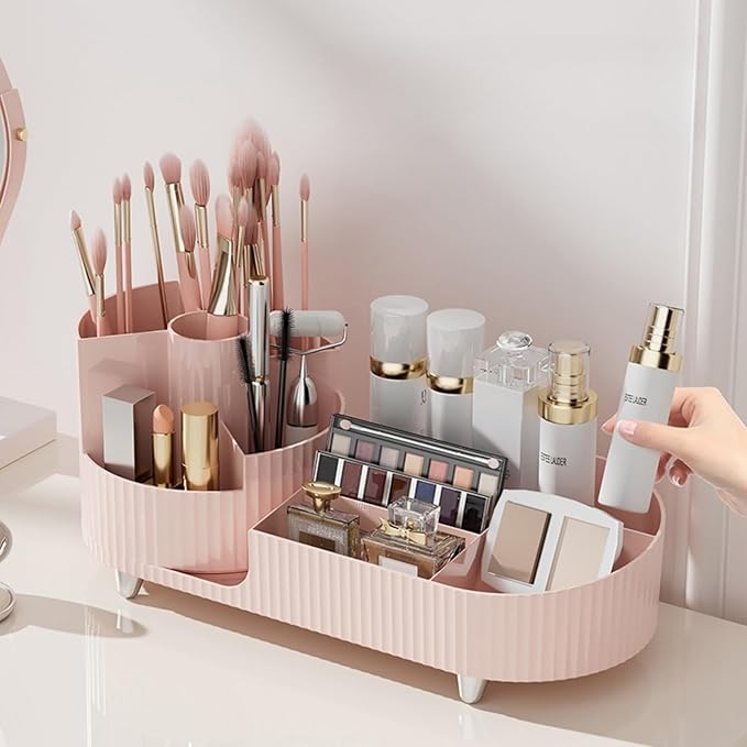 Rotating makeup organizer,Large Capacity Cosmetic Display Case, easy to hold all of your makeup products, at least 20 makeup brushes/eyeliner,10 lipsticks,8 skincare products(Pink)