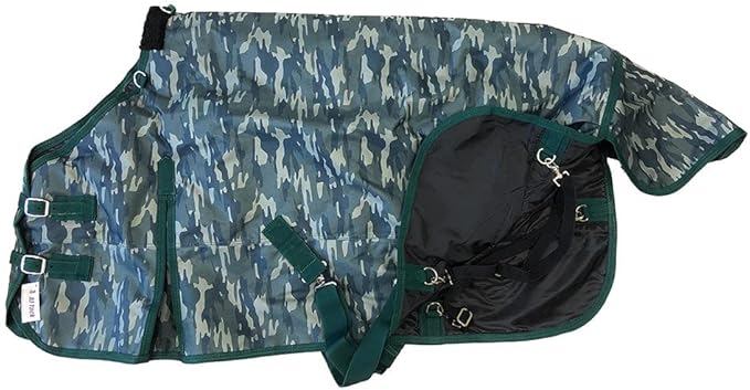 AJ Tack 1200D Waterproof Winter Horse Blanket with Hood - 400g Heavyweight Turnout with Fleece Collar, Shoulder Gussets & Tail Flap - Camouflage 66"
