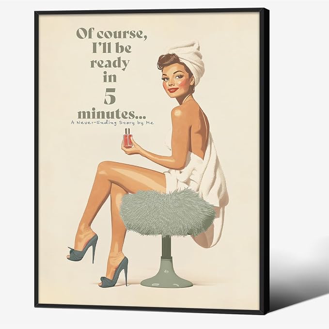 Boho Sage Green Bathroom Poster Vintage 70s Pin Up Girl Wall Art 12X16 inch