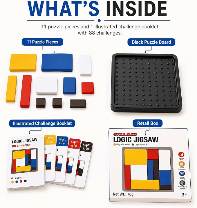 Logic Puzzle Brain Teaser Game for Kids and Adults, 88 Challenges with 4 Difficulty Levels, Portable Travel Puzzle Set for Brain Training and Screen-Free Learning by Sooshoom