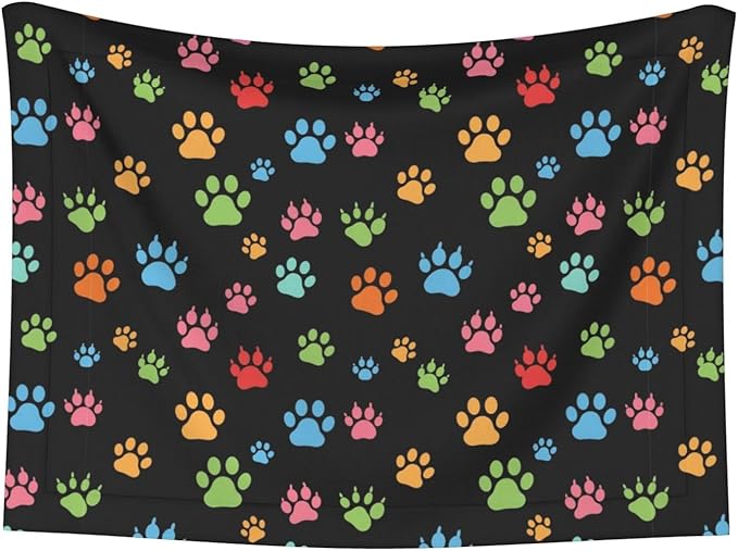 Reversible Plush Throw for Dogs and Cats, Pink Red Blue Green Dog Pug Paws, Double Sided Blanket with Nubby Dot Side and Sleek Side Ideal for Cuddling Nesting Security