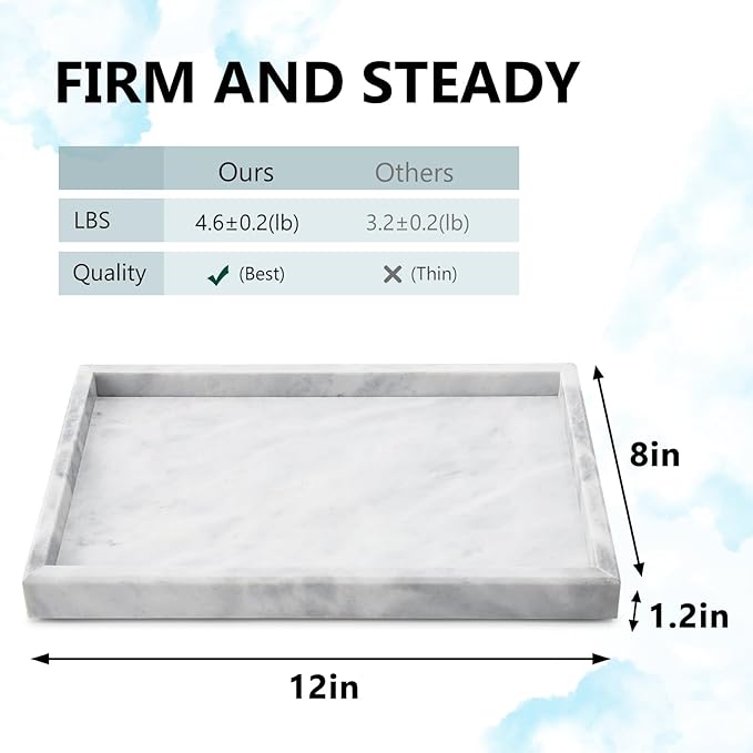 Real Natural Marble Tray for Bathroom, Vanity, Kitchen and Desktop, Rectangle Genuine Marble Stone Tray for Jewelry, Cosmetics, Candles, Lotion, Perfume and Home Decor