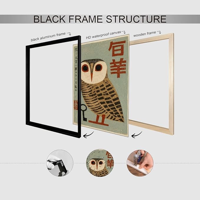 Vintage Japanese Black Framed Wall Art Owl Poster Mid Century Animal Print