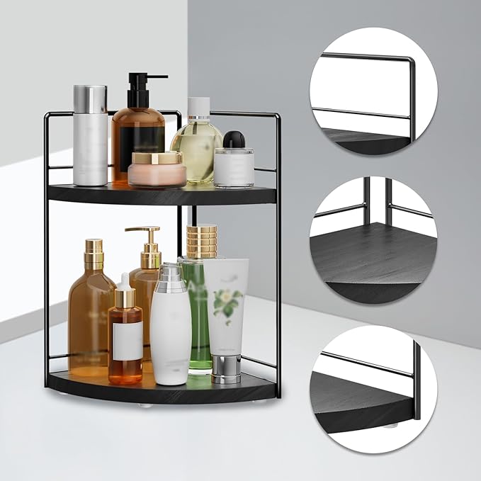 2 Pack Bathroom Counter Organizer,2 Tier Corner Bathroom Counter Organizer,Black Wooden Vanity Organizer for Bathroom Organizers and Skincare Cosmetics Dresser Storage