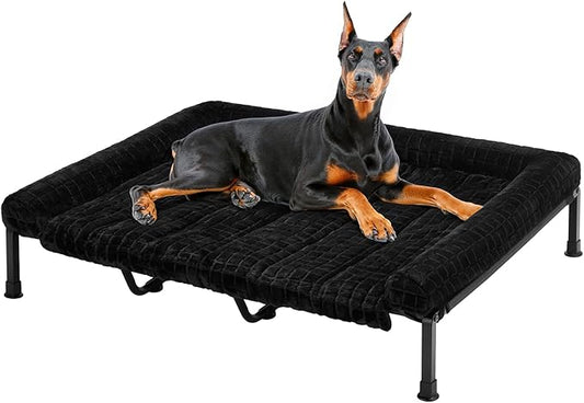 Veehoo Elevated Dog Beds Large Sized Dog with Fluffy Plush Bolster Cushion, Washable Orthopedic Dogs Couch Bed, Raised Pet Cot with Removable Mat, Breathable Mesh, No-Slip Feet, 59 x 37 inches, Black