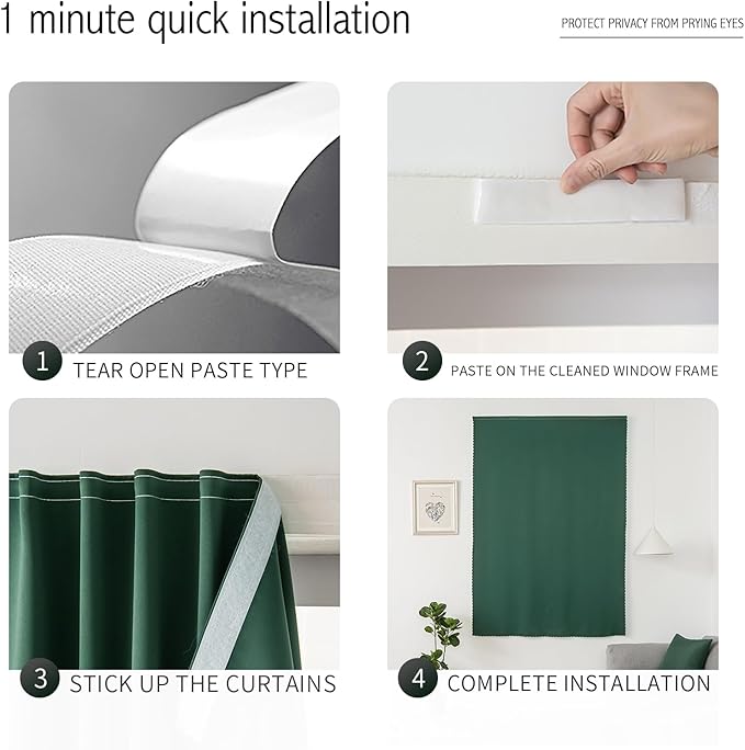 Blackout Curtains for Bedroom Stick On Curtains Window Shades Pull Down Blackout Window Cover No Drillng Self Adhesive Curtains No Rod Small Curtain 47" W X 79" L, Dark Green, 1 Panel