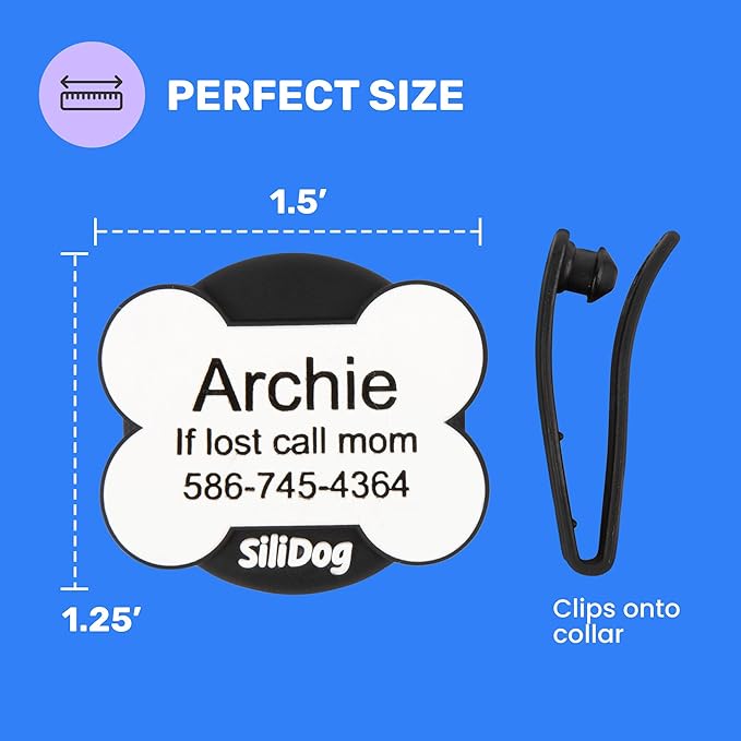 SiliDog AirTag Holder Silent Dog ID Tag – Personalized Engraved Silicone Pet Tag – Durable, Glow-in-The-Dark – Blue Bone