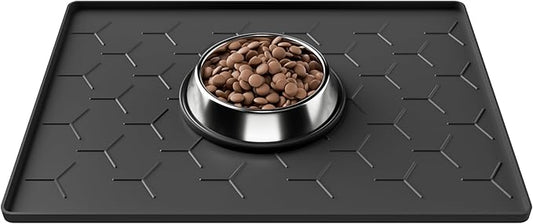 Pieviev 16''x12'' Dog Cat Food Bowl Mat, Silicone Waterproof Food Grade Pet Food Mat for Floor, High Raised Edge to Prevent Spills, Non-Slip & Easy Clean Pet Placemat for Dog & Cat Bowls, Black