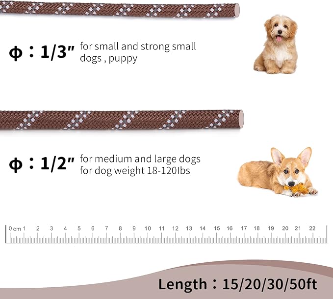 Long Dog Leash for Training 20Ft-Reflective Nylon Rope with Swivel Hook-Recall Agility Lead for Large Small Medium Dogs Outside Walking Hiking-Brown Diam 1/2"
