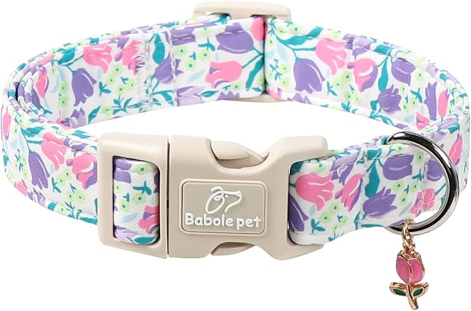 Floral Dog Collar for Large Dogs - Pink Purple Tulips Print Dog Collars, Spring Summer Cute Flower Puppy Collar, Lightweight Adjustable April Holiday Boy Girl Dogs Collars L