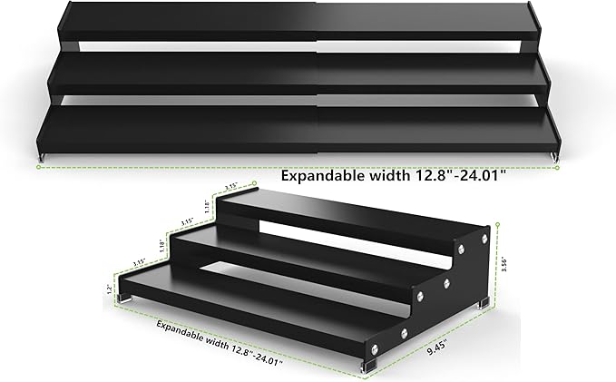 Jojocross Spice Rack Organizer 3 Tier Expandable Display Shelf(12.8"-24.01" W) Non-Skid Heavy Duty Sturdy Metal Iron Alloy Steel Step Racks 2 Packs/Black