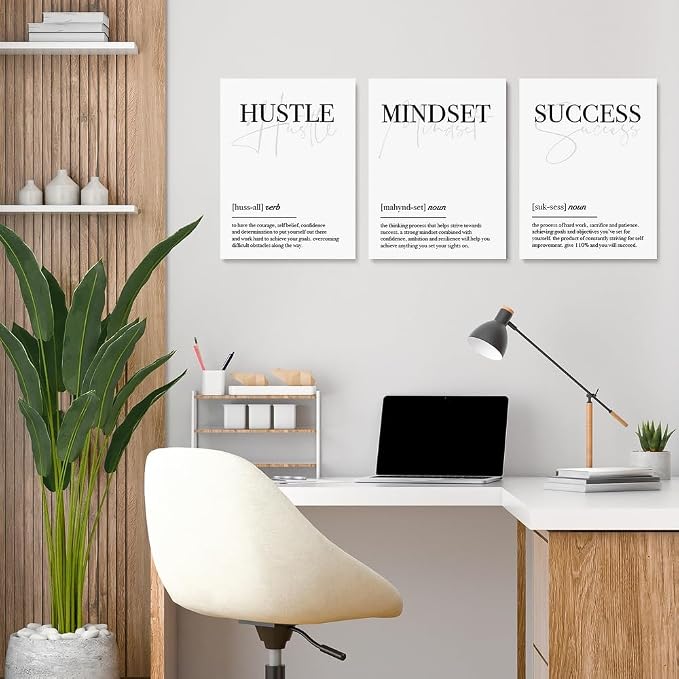 GUBIYU Hustle Mindset Success Wall Art Set of 3 Framed Canvas Black and White