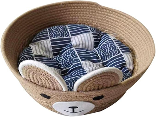 Pet Bed Woven Basket with Detachable Cushion Cartoon Bear Theme Basket Bed Dog Detachable Cushion Nest Pet Furniture