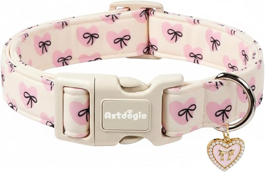 Bow Dog Collar with Pink Heart, Adjustable Cotton Dog Collar for Small Medium Large Dogs, Cute Puppy Collar for Girl Boy Dogs, Ideal for Gifts,Pet Accessory,S