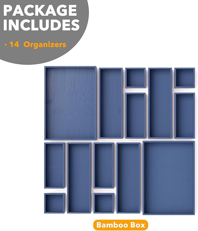 SpaceAid 14-Piece Bamboo Drawer Organizer Storage Boxes Set, Wood Tray Junk Drawer Organizers Multi-Use Divider Bins for Kitchen, Bathroom, Office Desk and Makeup Organization (14 Pack, Navy Blue)