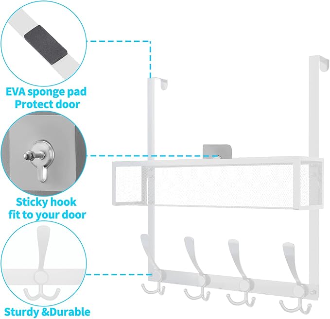 Over The Door Hooks Organizer,Over Door Hanger Towel Rack Mesh Basket with 12 Hooks,Back of Door Storage Organizer for Bedroom,Bathroom,Kitchen,Office(White)