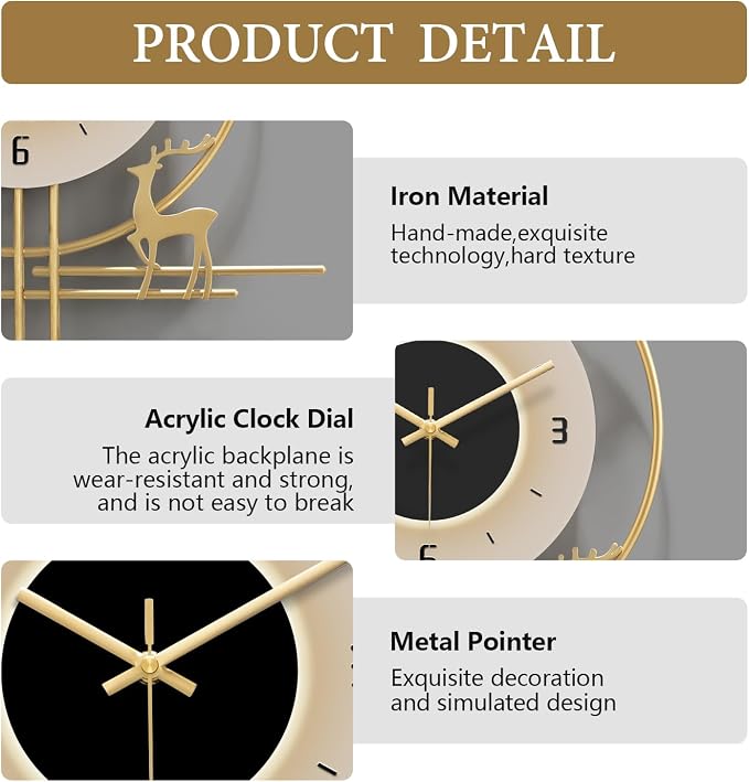 Modern Wall Clock for Living Room, Large Gold Decorative Wall Clock